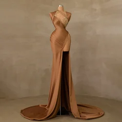Fashion Pearls High Collar Satin Evening Dresses Luxury Side Split Floor Length Mermaid Gowns Elegant Prom Party Dresses 2024