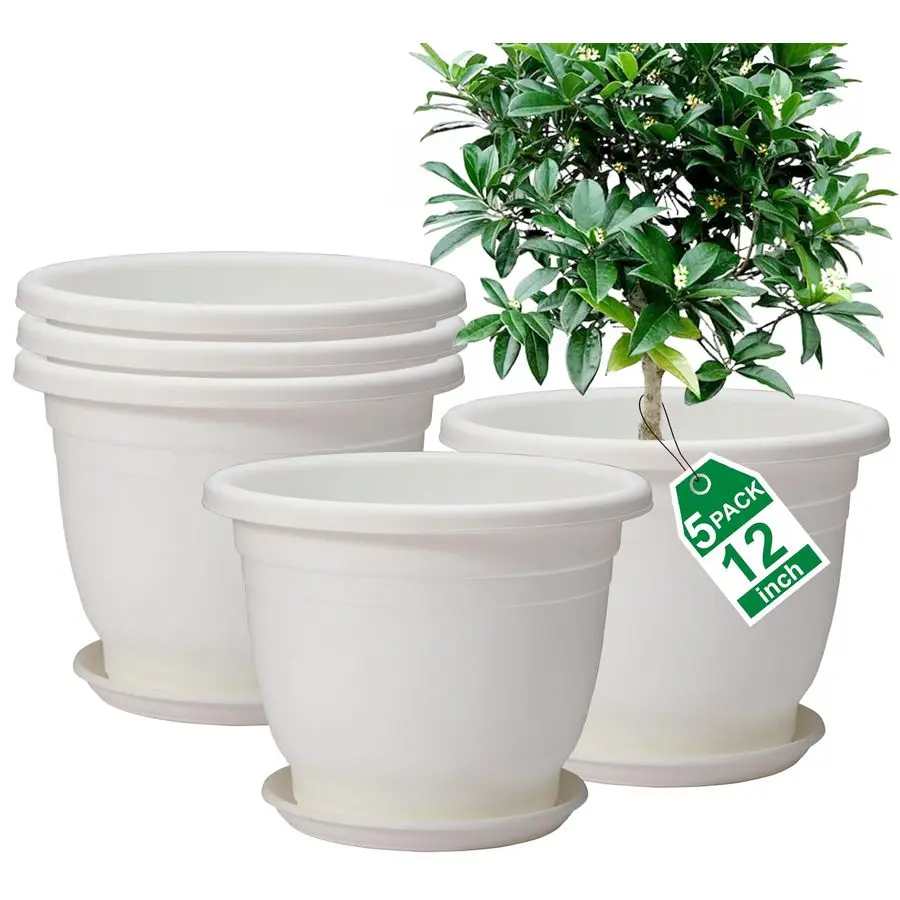 

5 Packs 12 inch Flower Pots Saucer, Planters for Indoor amp Outdoor Plants with Drainage Holes Plastic Flower Pots, Large Plante