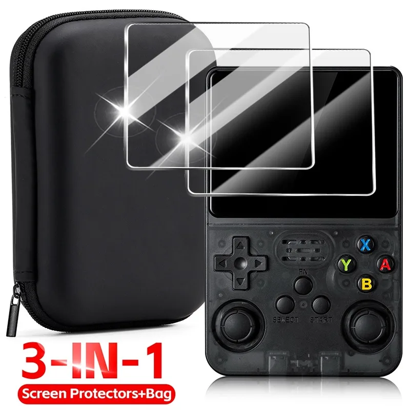 3 IN 1 Tempered Glass Flim Screen Protector for R36S Retro Handheld Game Console Accessories with Carrying Storage Case Covers