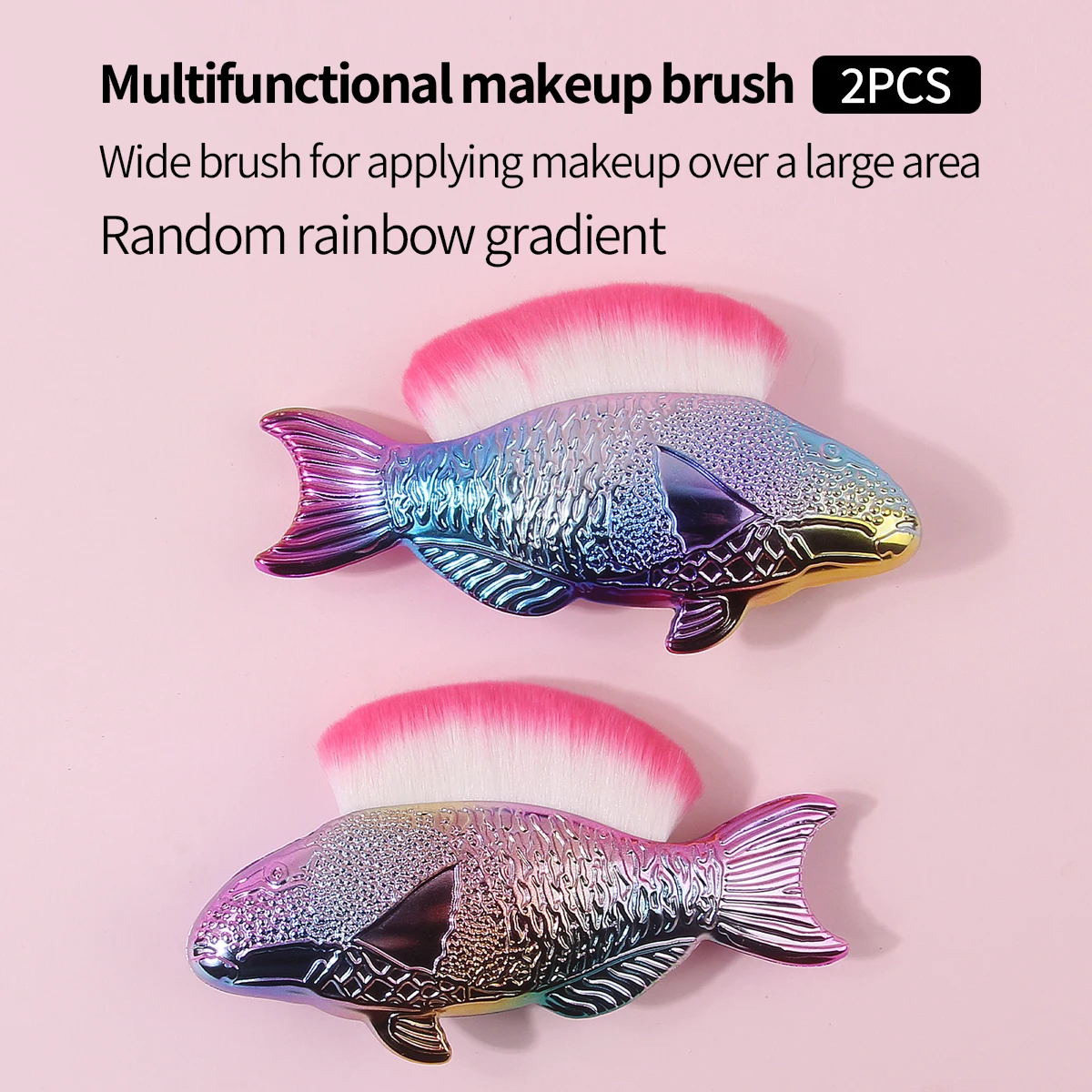 2Pcs Fish-Shaped Makeup Brush Set, Rainbow Gradient Single Brush, Soft Wide Fluffy hair for Blush, Powder