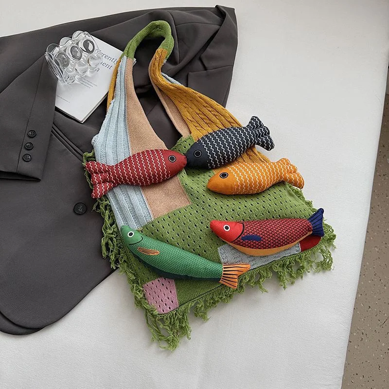 

Модная летняя хлопковая вязаная крючком сумка на плечо с рыбками, модная пляжная сумка с кисточками, простая большая сумка, сумка для покупок