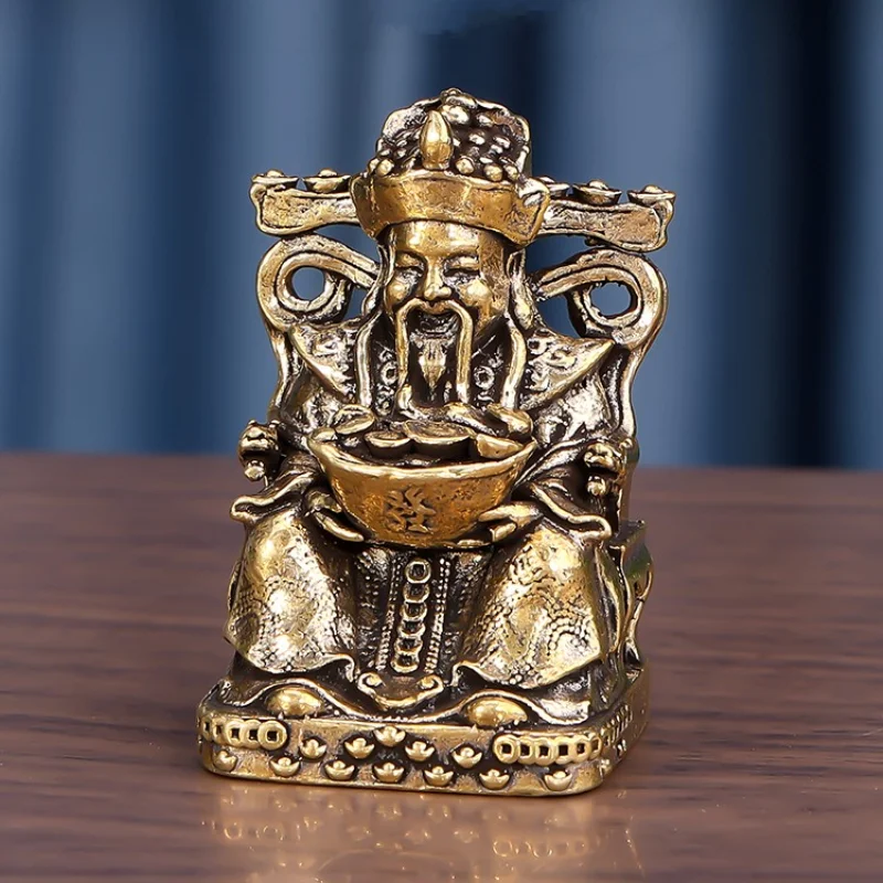 Vintage Solid Brass God of Wealth Figurine Chinese Cai Shen Statue Desktop Feng Shui Collectible Ornament