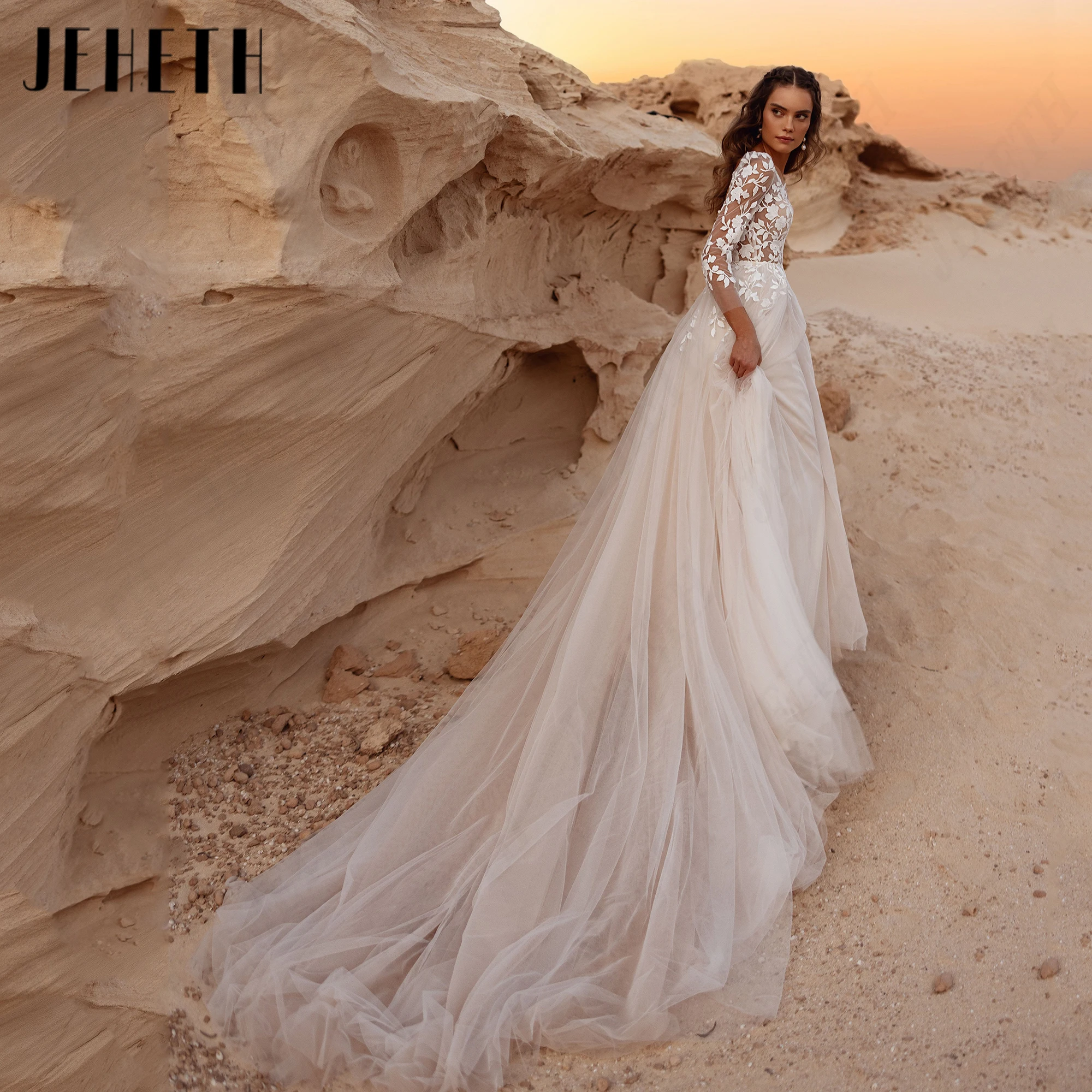 JEHETH A-Line Court Train Wedding Dress Customized Tulle Classic V-Neck Bridal Dresses Lace Appliques Deep V Back Bride Gowns