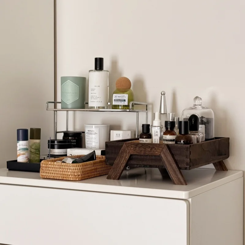[Bedroom good things] Cosmetics storage box desktop high-end skin care products storage sundries sorting solid wood tray
