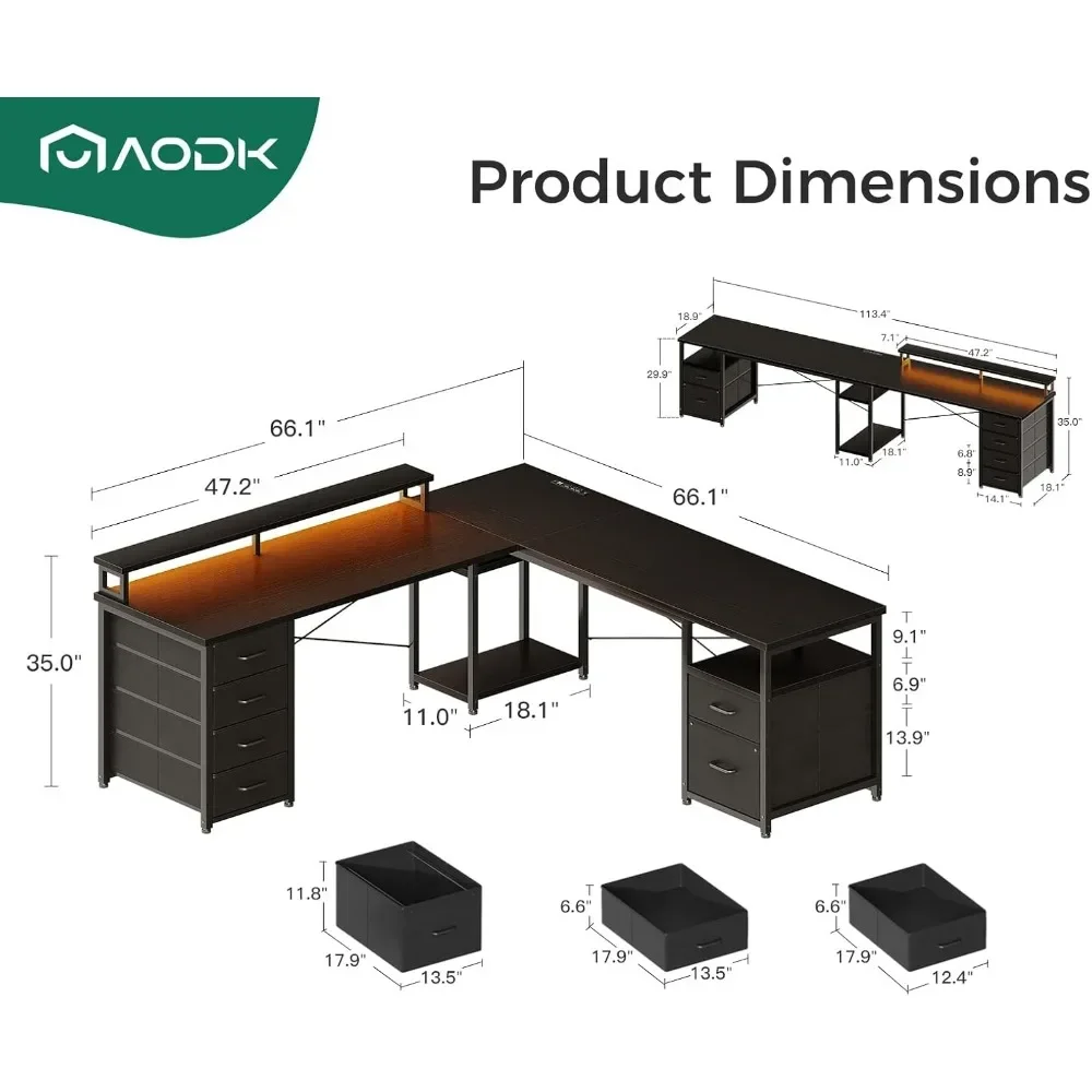 66" L Shaped Computer Desk, 113“ Reversible Home Office Desk with File Cabinet & 4 Fabric Drawers, Two Person Desk