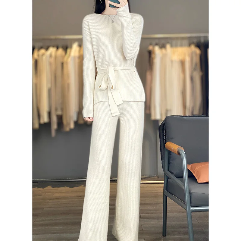 Women Wool Sweater Set Side Slit Pullover Pants Lace-up Slim-fit Striped Autumn Winter 100% Merino Wool Knitwear Long Sleeve Top