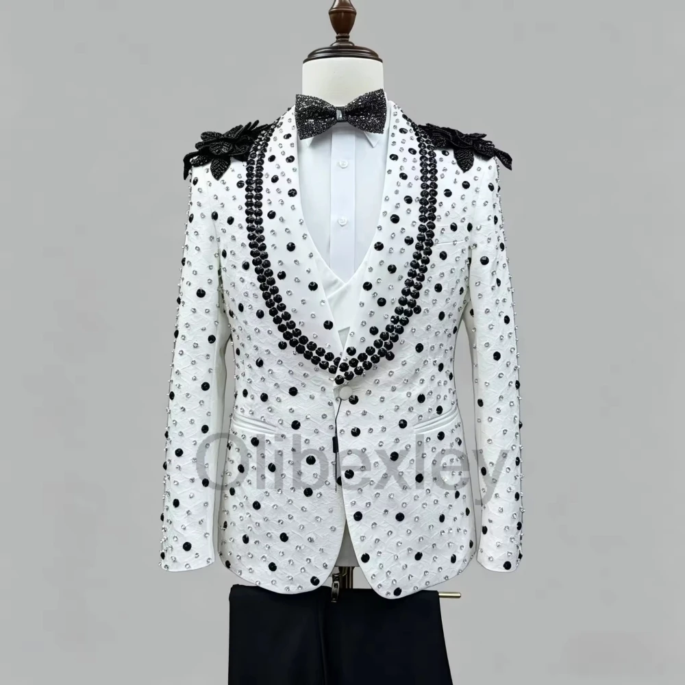 Olibexley Elegant Men's 3 Piece Suit Single Breasted Slim Fit Party Blazer Black Diamond Beaded Wedding Pants Customized S412