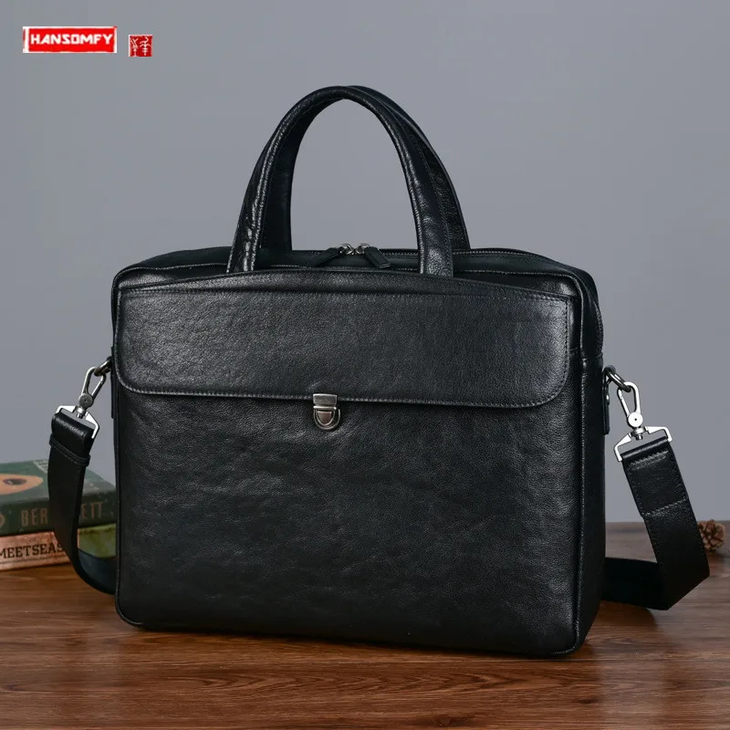 Genuine Leather Men's Bags Leisure Briefcase File Handbags 14 Inch Laptop Bag Multi-Compartment Practical Crossbody Portable Bag