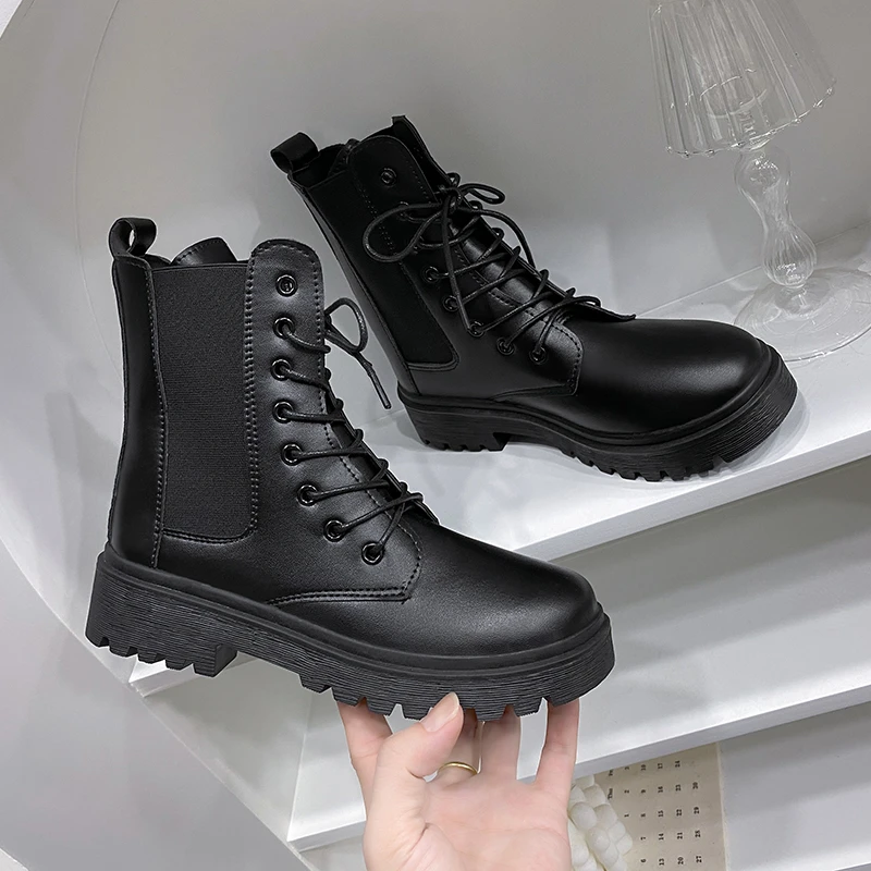 Women 2024 Autumn Winter New Tooling Boots Lady Anti Slip Waterproof Lace Up Short Boots Women Casual Thick Heel Knight Boots