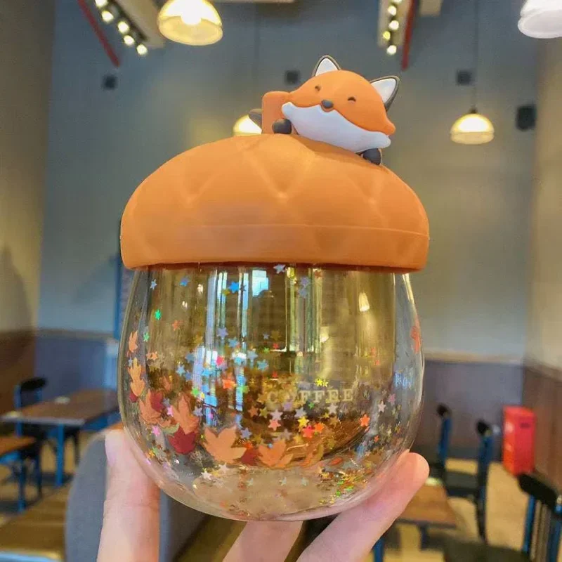 245ml New Autumn Maple Leaf Acorn Cute Fox Double Sequined Coffee Glass Cup Anti-scalding Gift Cup Water Bottle Kawaii Bottle