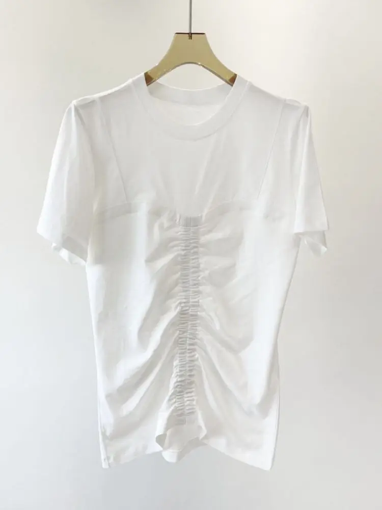 

Women's White or Pink T-Shirt Pleated O-Neck Short Sleeve Solid Color Casual Tee Tops