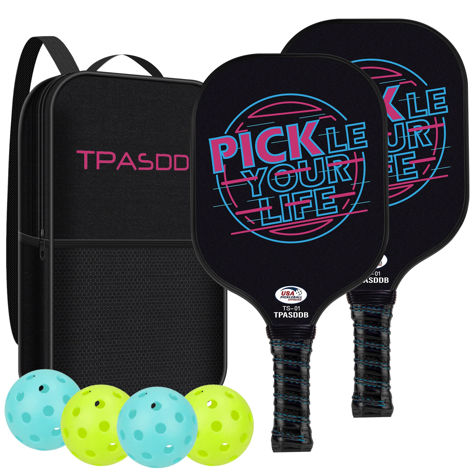 

TPASDDB Pickleball Paddles Set of 2, USAPA Approved Black Pickleball Rackets sets Fiberglass Surface For Men Women Adults Gift