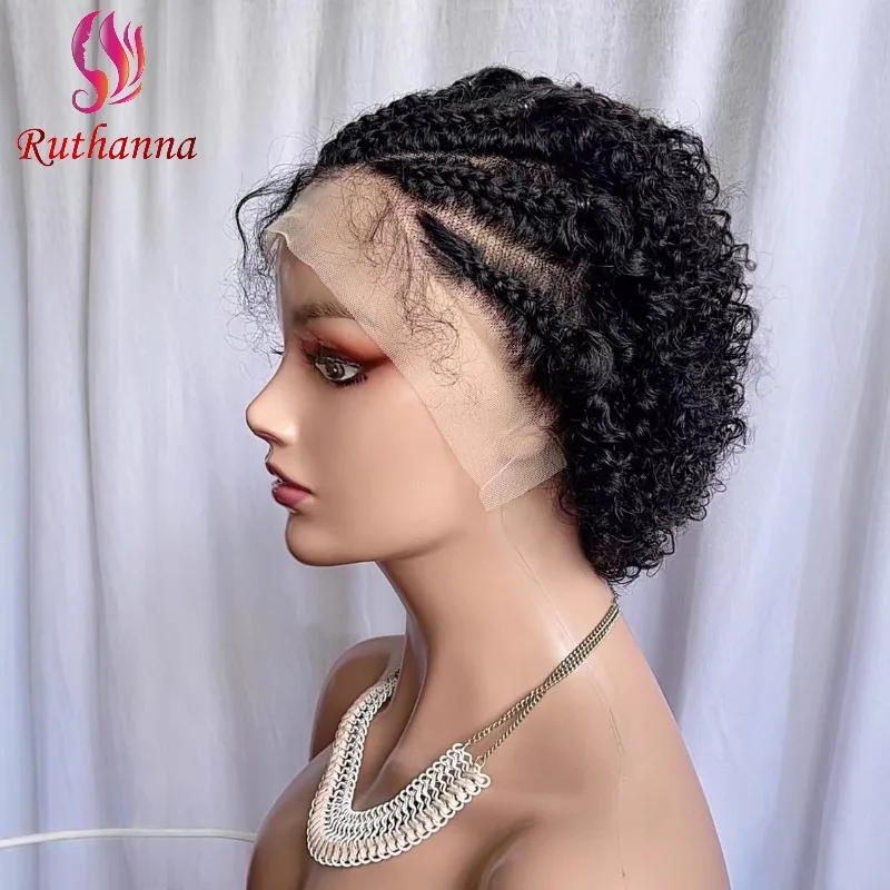 

Kinky Curly Pixie Wig 13x4 Lace Front Braided Short Curly Wigs 100% Human Hair Natural Color Brazilian Remy Hair For Black Women
