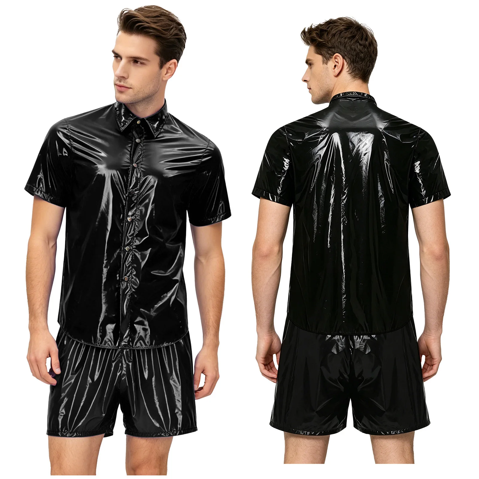 Mens Waterproof Swimwear Set Tracksuit Sports Two Piecs Outfits Front Button Lapel T-shirt And Built-in Briefs Boxer Shorts