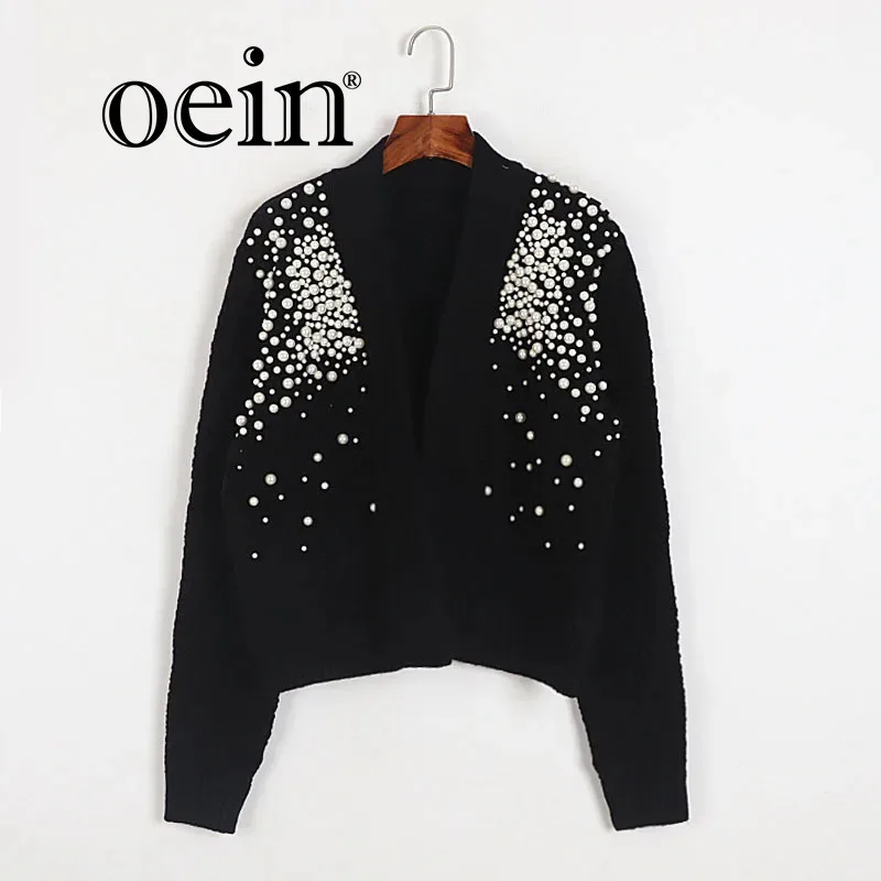 [oein] Pearl Nail Bead Buttonless Short Knitted Cardigan Female Celebrity Temperament Long Sleeve V-Neck Sweater