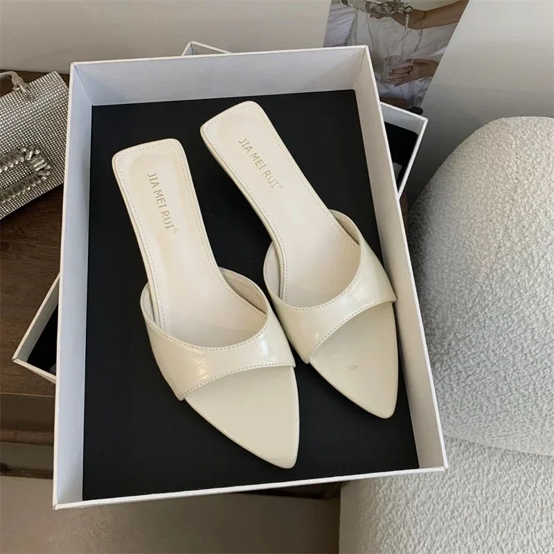 New Style Fashion Sexy PU Shallow Slim High Heels Women's Pointed Open Toe Outdoor Solid Color Anti Slip Sandals Slippers Mules
