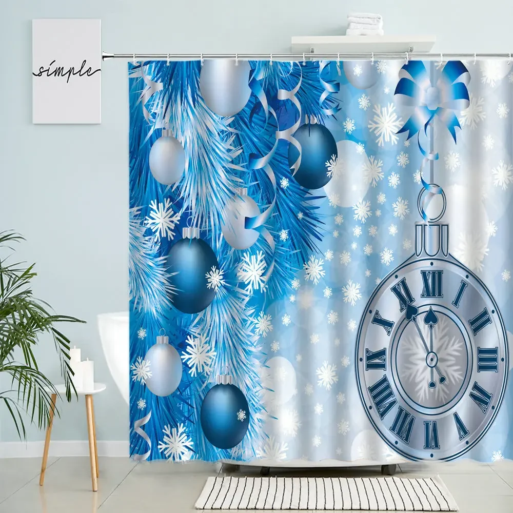 Merry Christmas Shower Curtain New Year Holiday Bathroom Decor Xmas Ball Christmas Tree Winter Snow Scenery Waterproof Screen