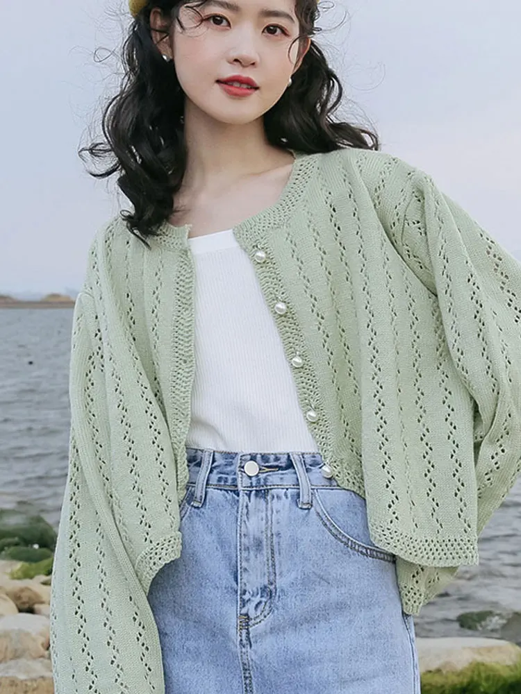 Green Hollow Out Knitted Cardigans Women Spring Summer Long Sleeves Pearl Button Short Coats Gentle All-matched Thin Tops