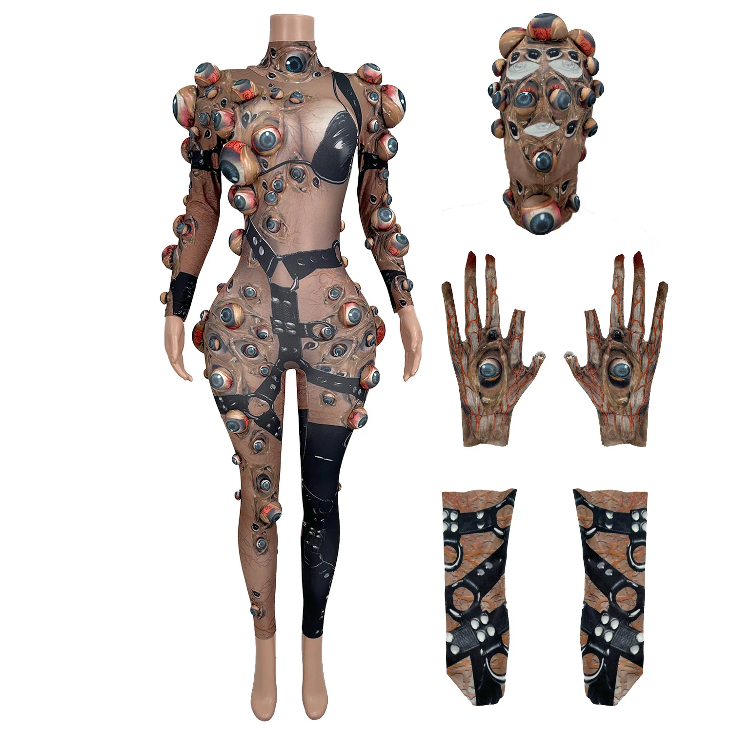 

Halloween Women's Jumpsuit 4PCS Gothic Style 3D Eye Print Leggings Nightclub Themed Party Costume with Gloves Headgear yanjing