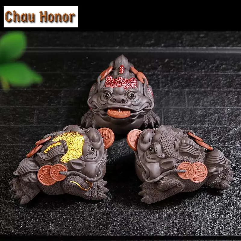 Chinese Purple Clay Tea Pet Lucky Fortune Golden Toad Figurine Ornament Tea Table Decoration Accessories Handmade Crafts Toys