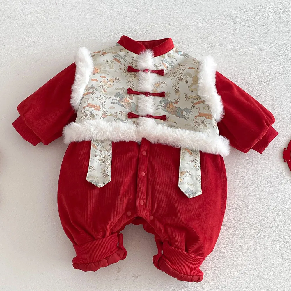

Christmas Baby Clothes Winter Quilted Warm Unisex Baby Romper For Boys Girls Red Color Chinese Style New Year Infant Jumpsuit