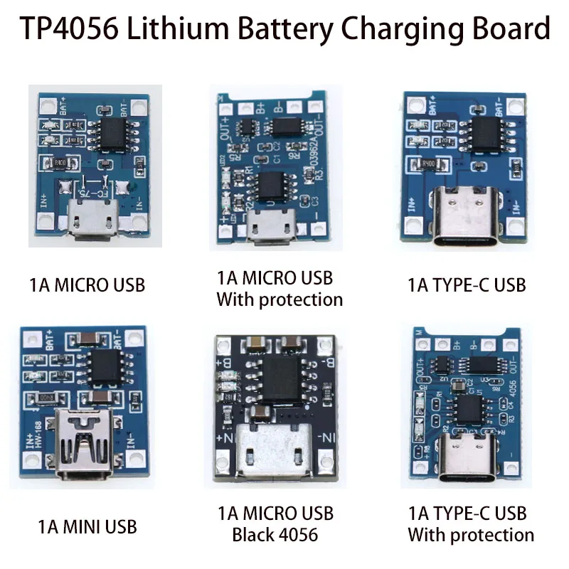 5PCS TP4056/18650 Lithium Battery Charging Board 1A MICRO/TYPE-C/MINI USB TYPE-C USB With Protection /MICRO USB With Protection