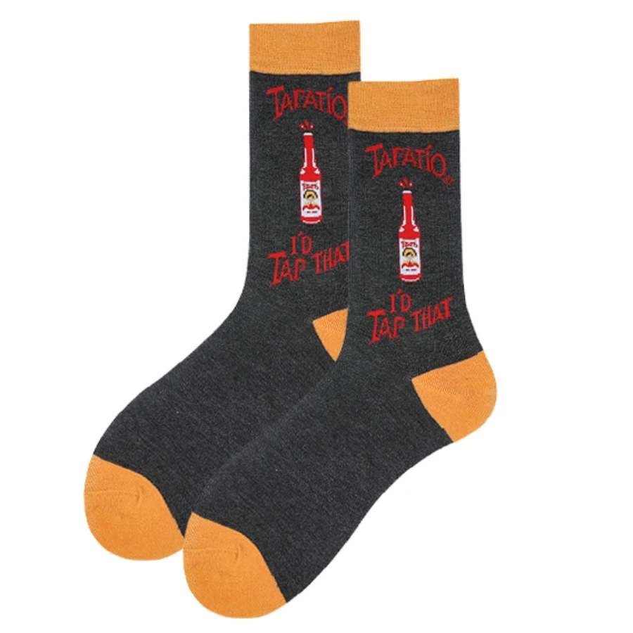 MYORED 1 pair of orange socks with brown bottom small red wine bottle cute cartoon pattern men\'s fashion trend stockings