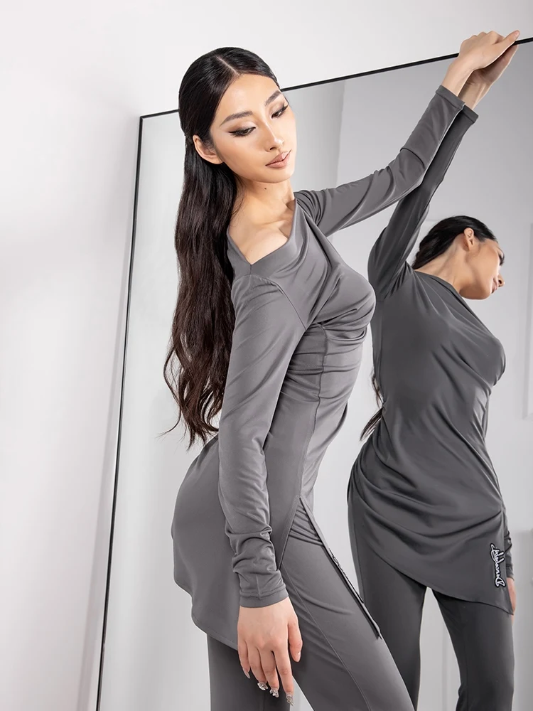 2024 Women Ballroom Dance Clothes Winter Long Sleeves Tops Pants Rumba Latin Dance Practice Wear Gray Latin Trousers BL13491