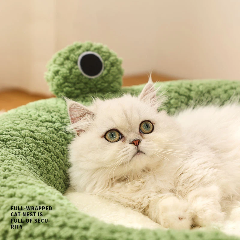 Pet Cat Dog Nest Plush Round Cartoon Frog Mat Winter Warm Deep Sleep Bag Comfort Soft Puppy Dog Bed 2 In 1 Warm Cat Basket