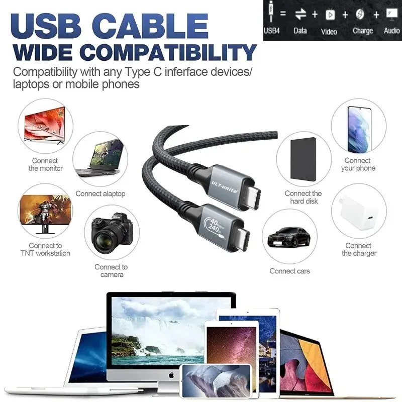 240W USB4 Cable Type C Fast Charging Cord 40Gbps Data Transfer 8K60Hz for Thunderbolt 3/4 Laptop iPhone 15 Pro Max SSD