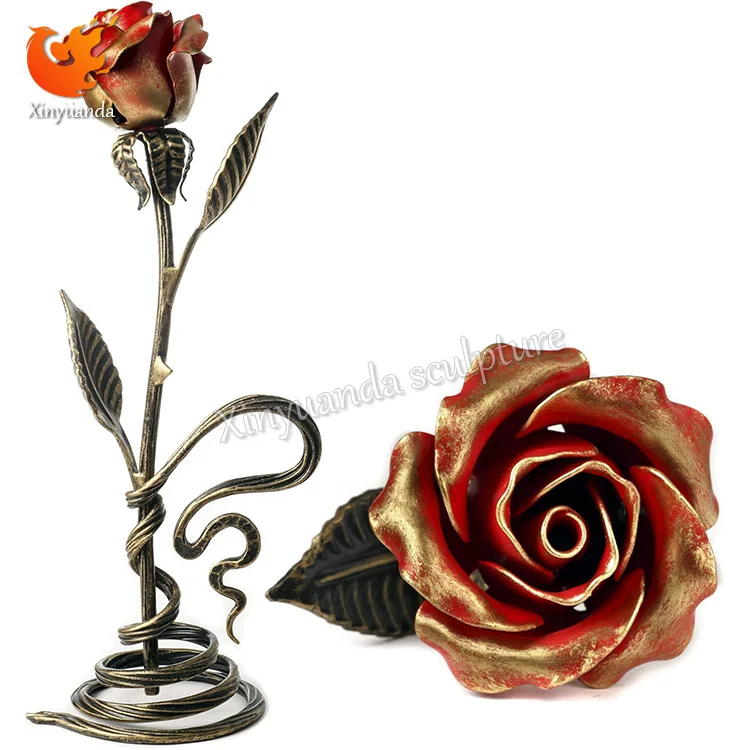 

Metal Steel Red Rose with Metal Stand Flower Sculpture Hand Forged Long-Lasting Home Decor Outdoor Garden Grass Decor Figurine