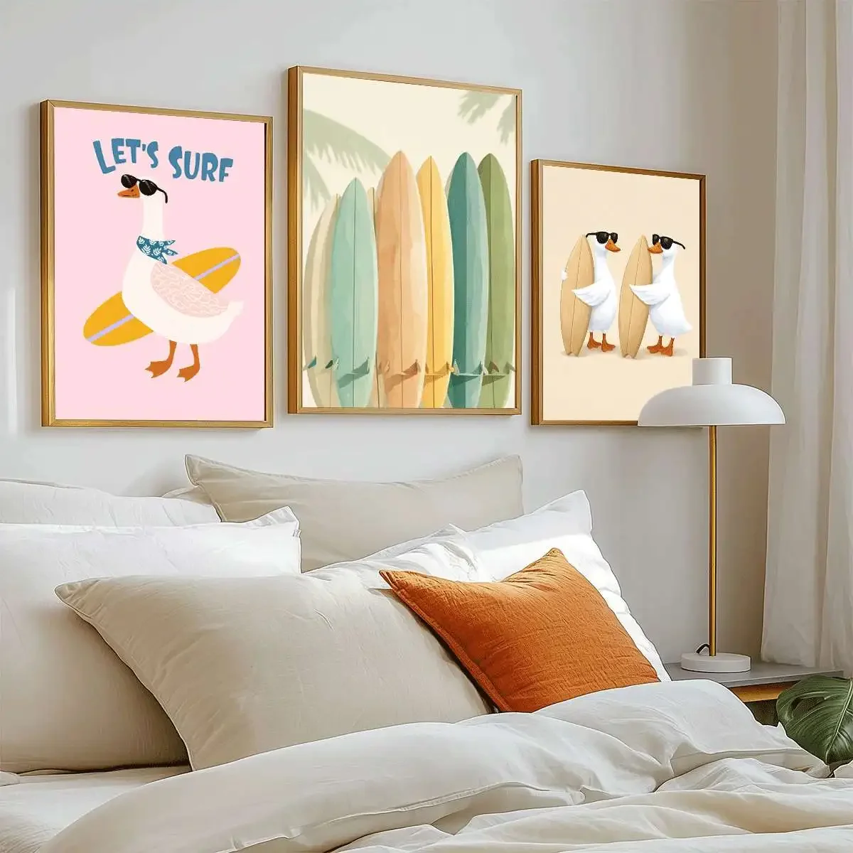 Large-sized frameless  3PCS Summer Surfing Art Poster  Children's Room Cartoon Wall Art  Big Goose Printing Wall Decor