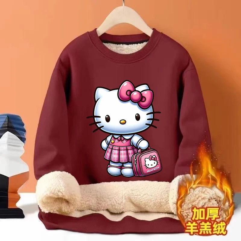 HELLO KITTY Kuromi Women Winter Thicken Hoodie Warm Fleece Pullover Sweatshirt Street Sweater Outdoor Sports Hooded Clothes