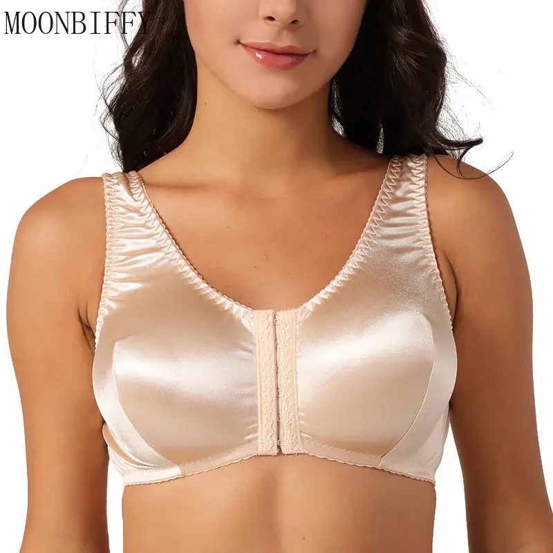 Women Full Coverage Bra Large Size Comfort and Support Satin Bra Imitated Silk No Padded Wireless Front Closure Vest Underwear