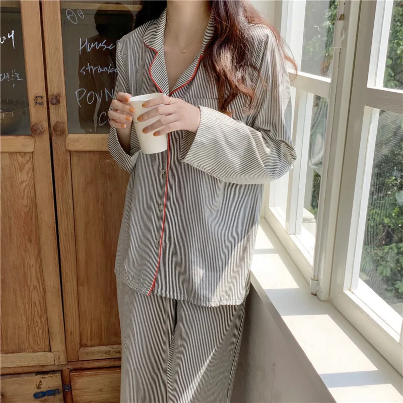 New Pajamas Women\'s Simple Striped Long-sleeved Cardigan Girl Thin Loungewear 2 Piece Set Pajamas for Women Spring Autumn Pyjama