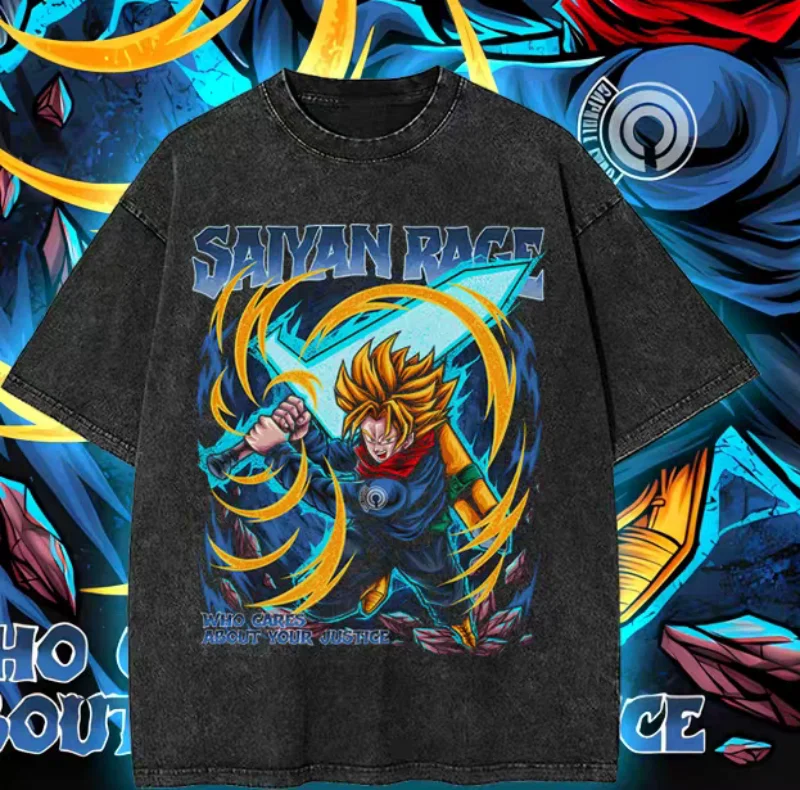 

2026 Summer Dragon Ball Saiyan Rage Trunks Print 100% Cotton Washed Retro T-Shirt, Harajuku Oversized Unisex Kids Sports Tee