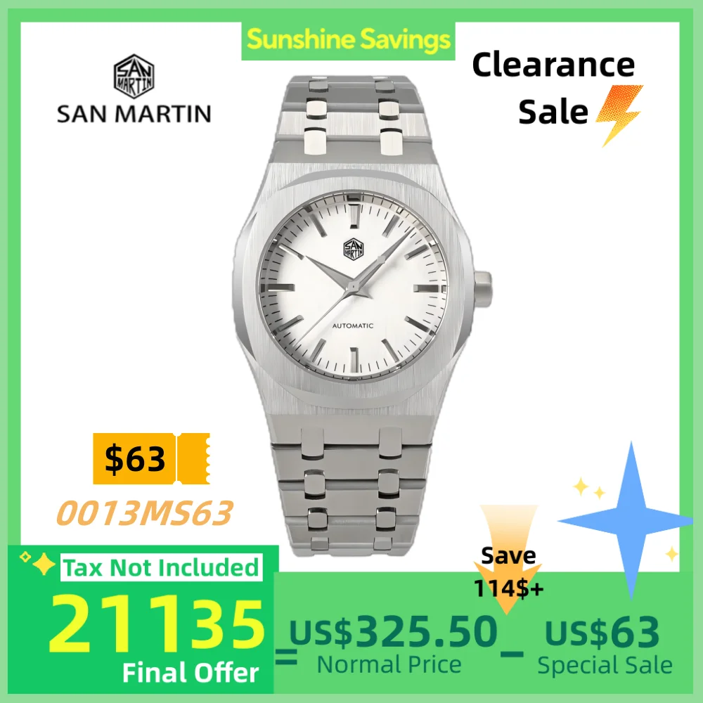 San Martin Oak 38.5mm Miyota 9015 Silver Dial Mechanical Watch For Men Self Winding Luxury Sapphire Bracelet 10Bar Sports SN0013