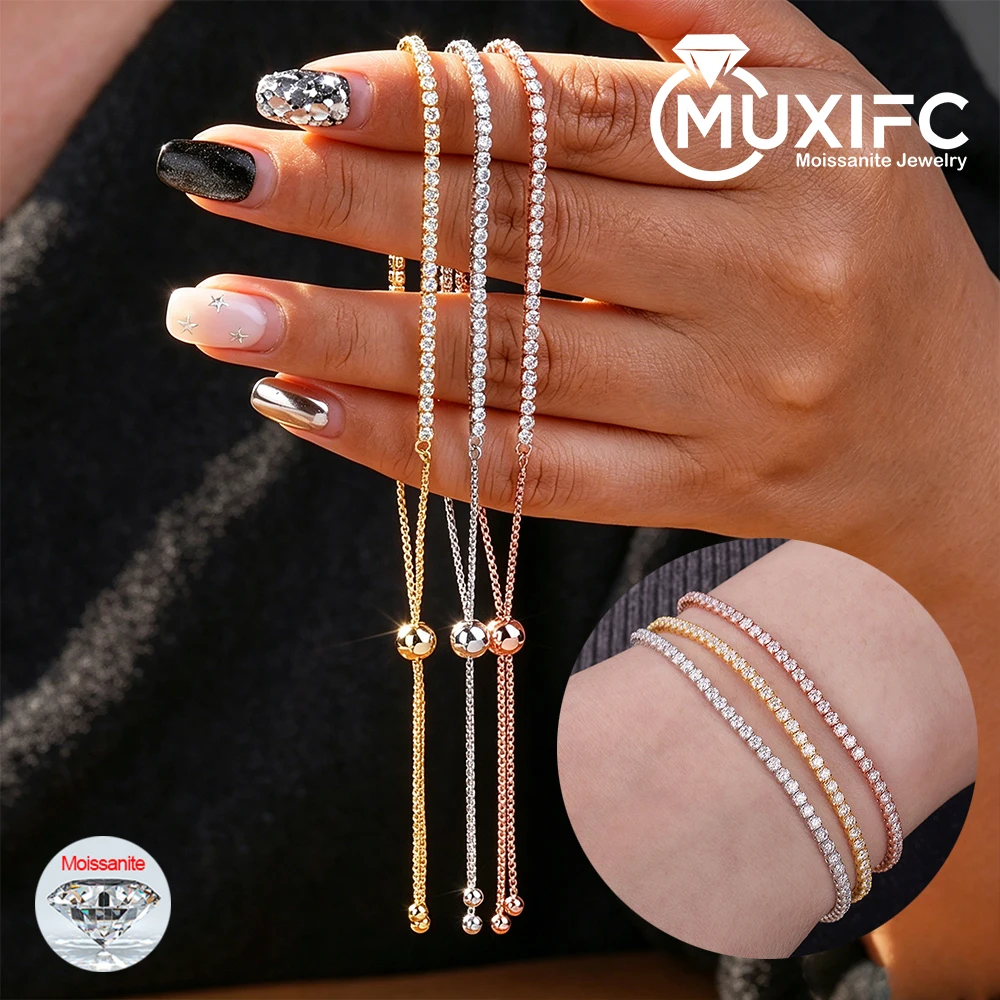 

MUXIFC D VVS1 Round Full Moissanite Tennis Bracelet 2mm 925 Sterling Silver Tennis Adjustable Bracelets for Women Men Jewelry