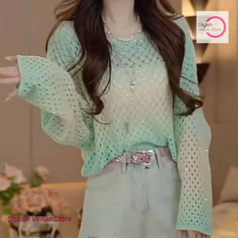 

Korean gradient fashion hollow sequined sweater women's spring and autumn new western-style slim Joker blouse casual top