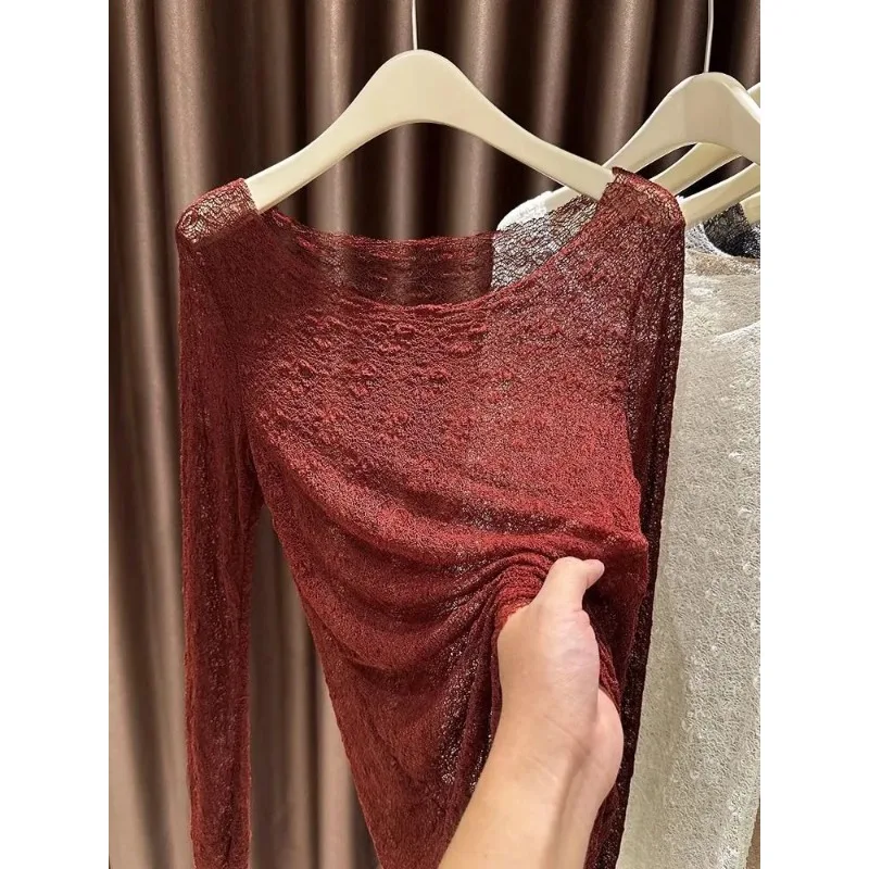 Large Round Low Collar Lace Hollow Blouse Women's Autumn Winter Long-sleeved Bottoming Shirt with T-shirt Top
