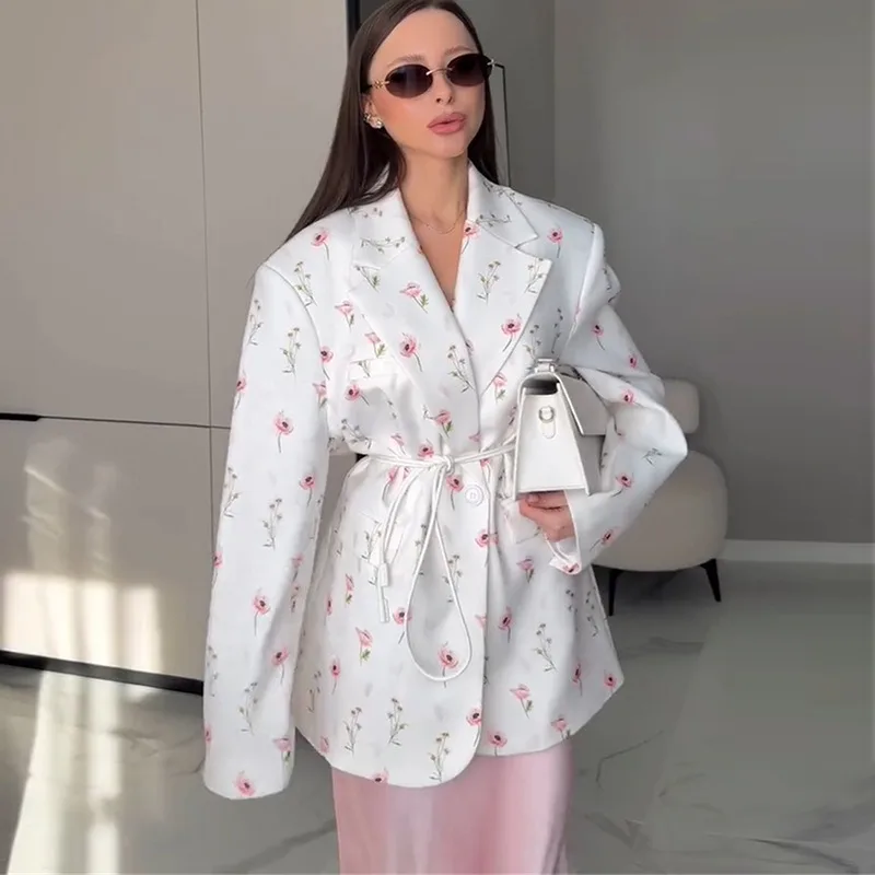 Tuularose 女性プリントブレザーファッションルーズカジュアルコントラストプリントレースアップジャケットトップス新しい通勤ハイストリート女性コート