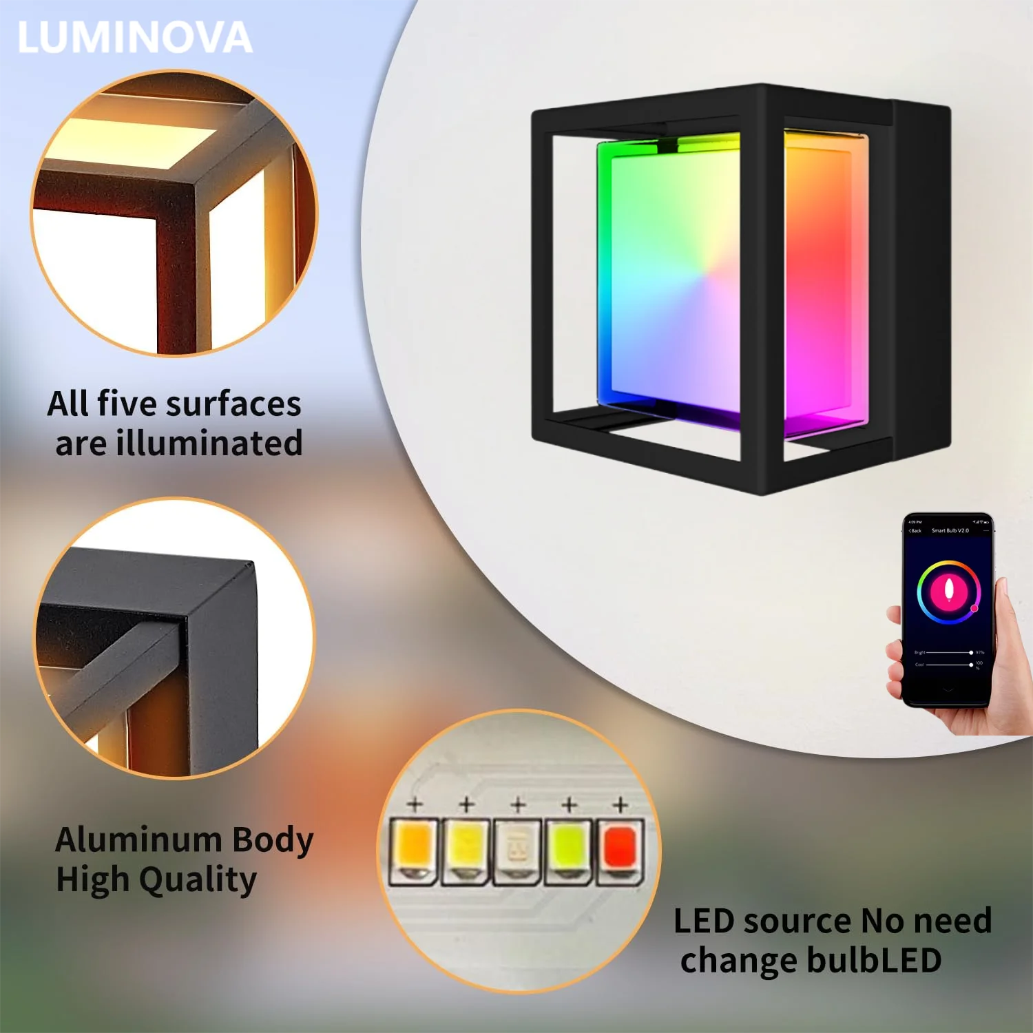 LED Smart Wall Sconce Light RGB WIFI APP Outside Light for House Patio,IP65 Waterproof Outdoor Wall Lights for House Patio Yards