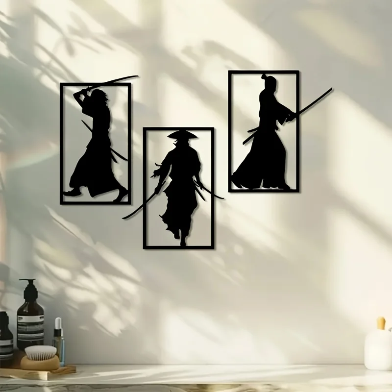 Juego de 3 Adornos de Pared de Hierro con Diseño de Samurai, Silueta Japonesa Plana, Decoración Metálica Resistente al Óxido para Hogar, Patio, Balcón, Regalo de Inauguración de Casa, Boda