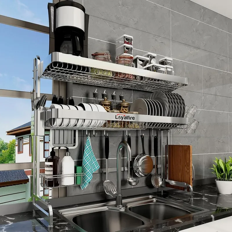 Over Sink Dish Drying Rack 3 Tier Adjustable Length 20.87 to 37.6 Full Stainless Steel Large Storage Kitchen Dish Rack