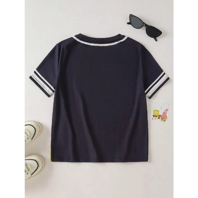 Summer SpongeBob SquarePants Navy Blue T-shirt with Big Star Octopus Brother Print Casual Short Sleeved Shirt