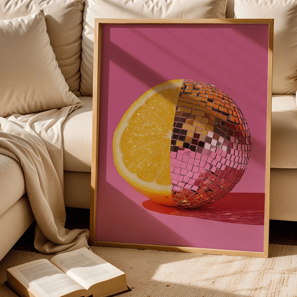 Trendy Abstract Disco Ball Orange Splicing Canvas Wall Art,2D Print,Wall Decor For Modern Living Room Bedroom,Aesthetic Home Dec