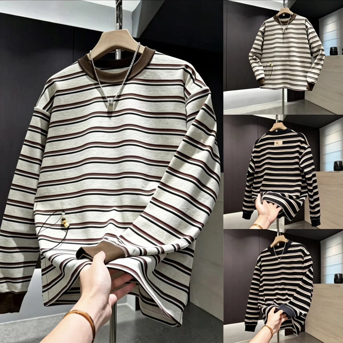 Nova Camiseta Masculina Estilo Hong Kong Americana com Listras, Casual, Color Block, Manga Longa, Gola Redonda, Top Moderno p...