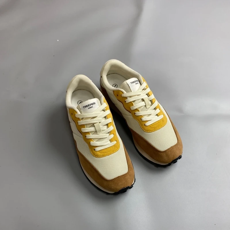 

Soft soled lightweight retro casual shoes caramel yellow color blocked mesh sports shoes student party versatile commuting train