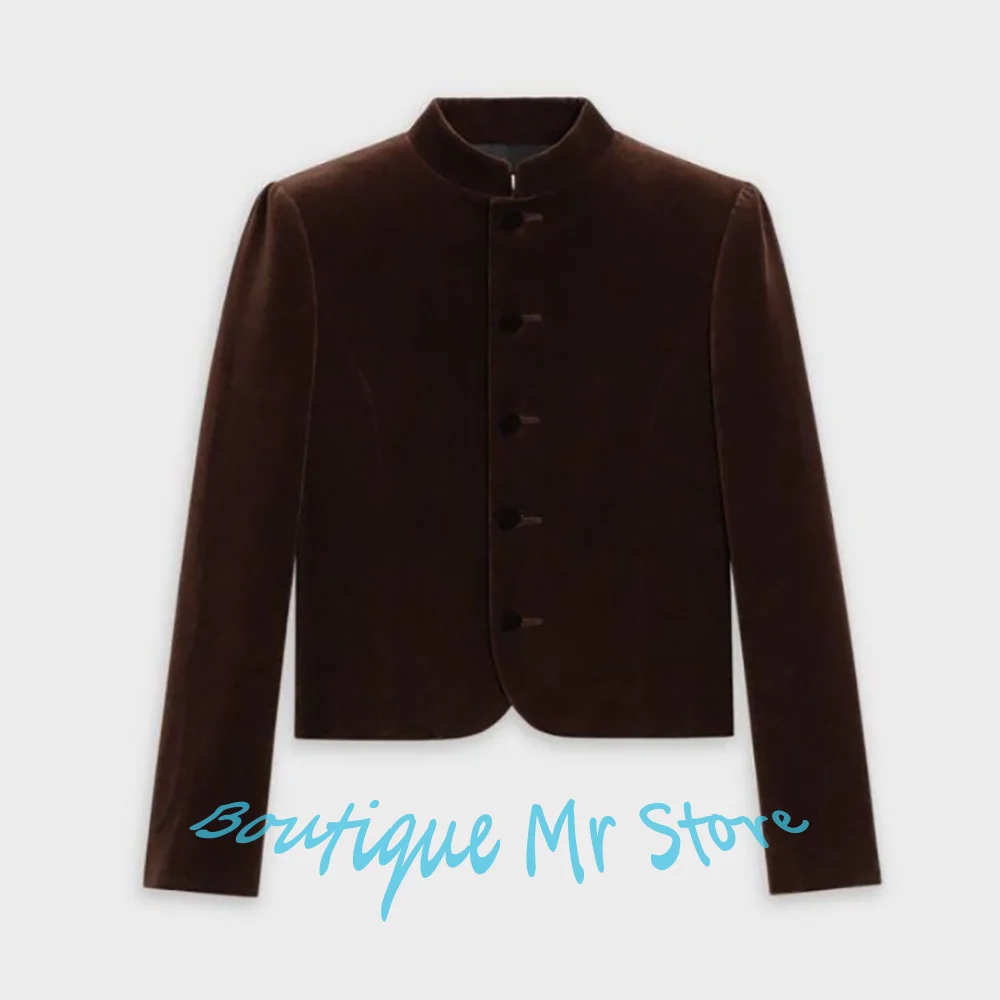

Elegant Burgundy Velvet Mandarin Collar Women's Jacket Single Breasted Blazer Casual One Piece Set Office Lady Outerwears