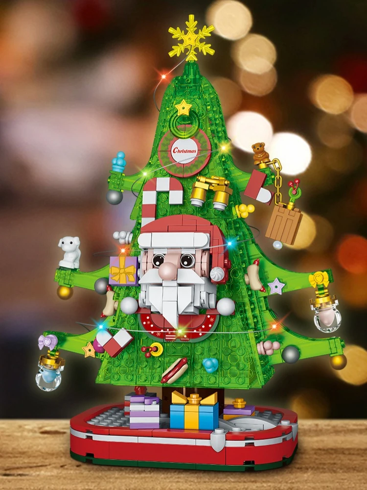 MOC 크리스마스 산타 클로스 트리 하우스 빌딩 블록 세트 겨울 진저 브레드 조명 DIY 장난감 어린이를위한 생일 선물